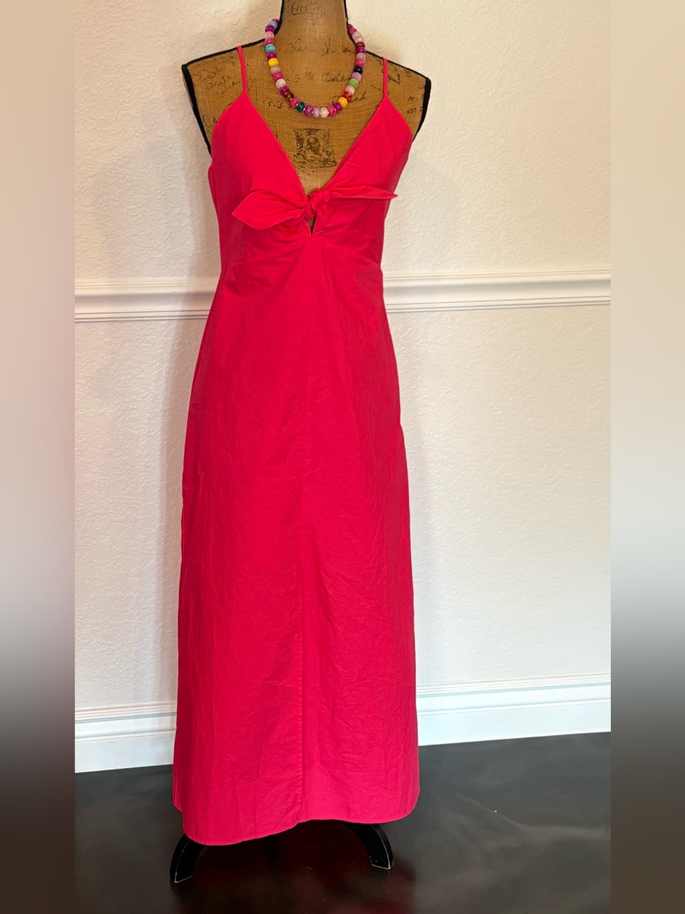 Banana Republic Hot Pink Front Bow Long Maxi Slit Dress Spaghetti Strap Size 12